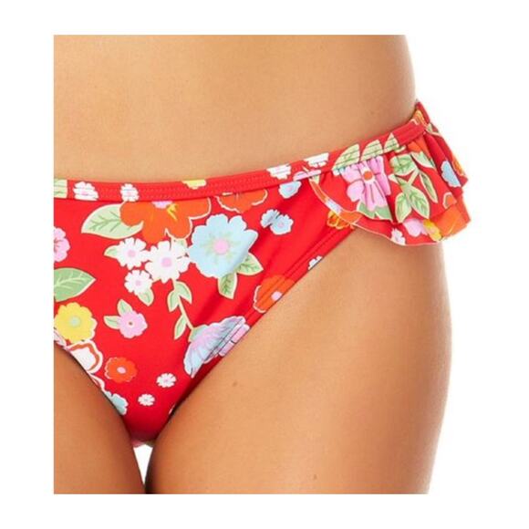 CALIFORNIA SUNSHINE Red Floral Bikini Ruffle Hipster Bottom NWT - Picture 2 of 9